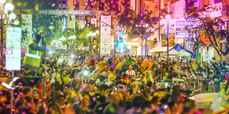 people in the streets of Gaslamp Quarter in San Diego