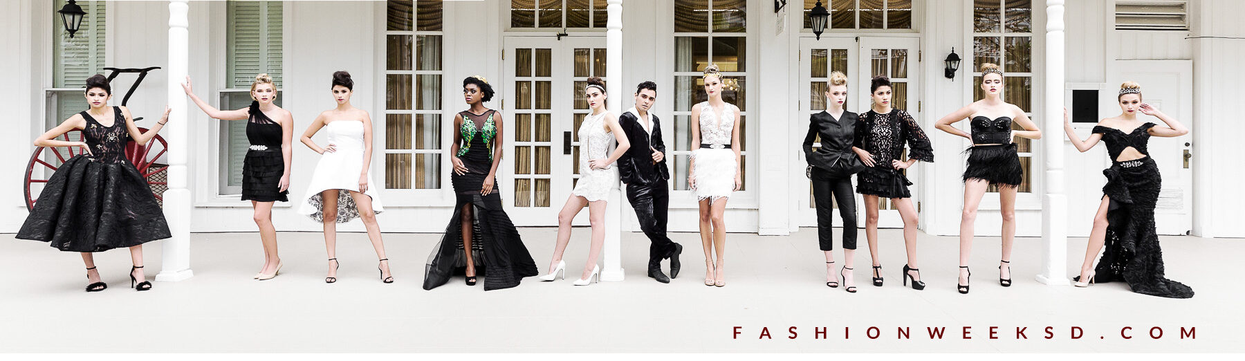 Fashion Week San Diego models in front of white building